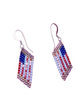 Handmade Beaded Patriotic Earrings Red White Blue American Flag Dangle